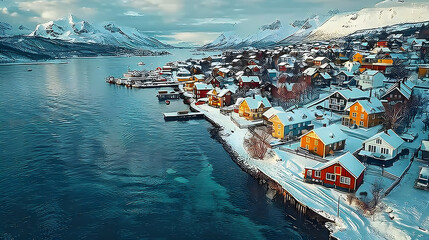 A photo featuring the striking Arctic landscape of Tromsø captured from an aerial viewpoint with a drone. Highlighting the city's colorful houses and bustling harbor, while surrounded by snow-capped p