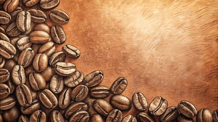 Wall Mural - Close-up of roasted brown coffee beans scattered on a soft brown background