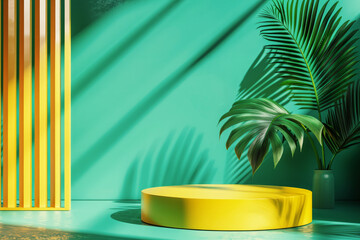 Wall Mural - Minimalistic podium stage is framed by yellow border against green background with tropical plants. Template for product advertisement