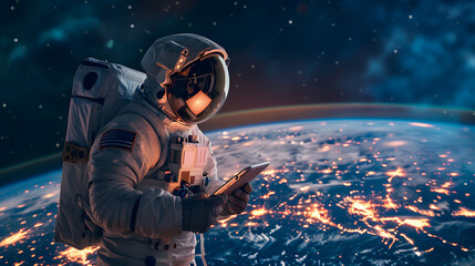 from profile view of astronaut holding tablet in hands in outer space