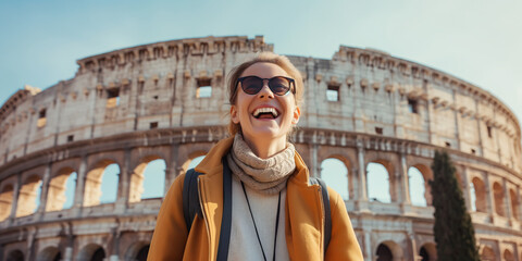 Young cheerful tourist having great time sightseeing in Rome on sunny summer evening.