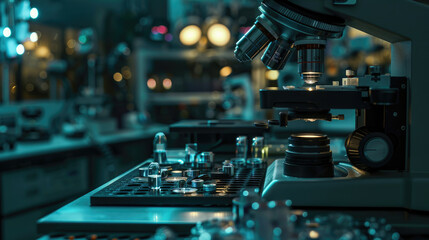 Wall Mural - close-up view of laboratory microscope with scientific instruments