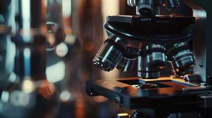 Wall Mural - close-up view of laboratory microscope with scientific instruments