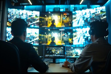 Poster - Diverse Team of Male and Female Security Personnel Monitoring CCTV in a Modern Control Room During Daytime, Showcasing Team Effort