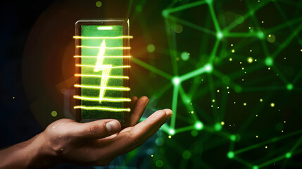 hand holding a green battery icon. concept sustainable energy storage. generative ai