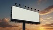 © DreamyStudio - Blank white road billboard with cityscape background at sunset. Street advertising poster, mock up, 3D rendering. Side view. The concept of marketing communication to promote or sell idea