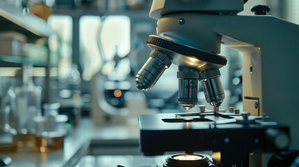 Wall Mural - close-up view of laboratory microscope with scientific instruments