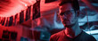 © MNStudio - Silhouette of a photographer developing photos in a dark room. Man hanging printed photos in red lighted room. Old style photography.