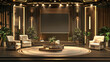 © Stone Shoaib - An elegant talk show set with luxurious, contemporary decor, ambient lighting, and a blank TV screen ready for broadcast