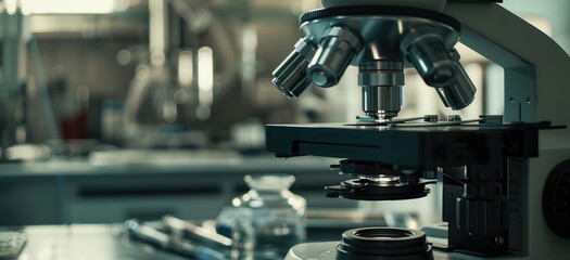 Wall Mural - close-up view of laboratory microscope with scientific instruments