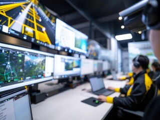 Poster - Modern Office with Employees Monitored by High-Tech CCTV: Emphasizing Efficiency and Safety in a Bright Workspace