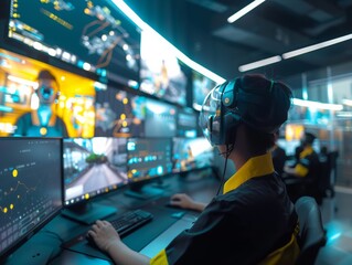 Aufkleber - Modern Office Environment with Employees Working Under Surveillance of High-Tech CCTV, Bright, Productive Workplace
