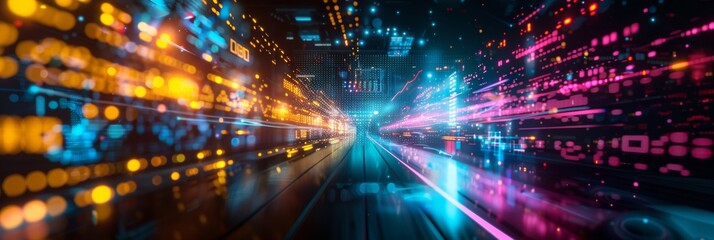 Aufkleber - Abstract Artistic Representation of Digital Surveillance with Bright Purples and Cyans in a Virtual Environment, Emphasizing Modern Security Integration
