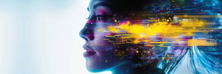 Aufkleber - Futuristic Digital Surveillance Concept with Young Asian Woman, Bright Abstract Shapes, Symbolizing Security Integration in Modern Society