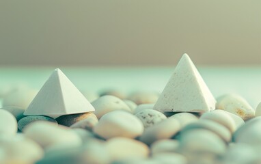 Poster - Abstract Minimalist Composition with Symmetrical Geometric Figures on White Pebble Background in Soft Beige Tones Using Long Exposure Photography