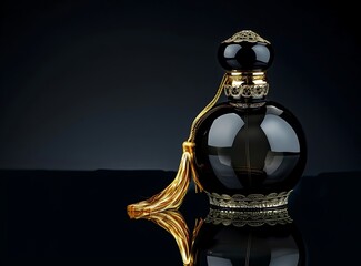 Wall Mural - Black glass perfume bottle with golden tassel on black background