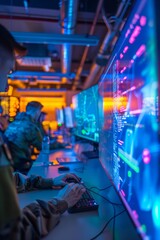 Aufkleber - Cyber Defense Team Engaged in Nighttime Operations at Military Base, Illuminated by Neon Blue Lights