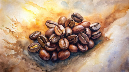 Wall Mural - A scattering of roasted coffee beans on a bright yellow background