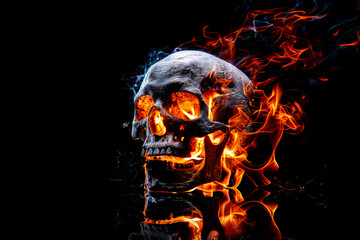 Wall Mural - skull in fire on black background