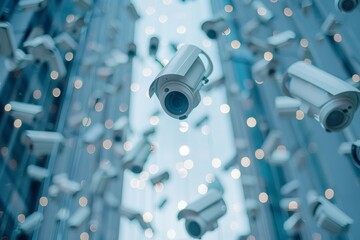 Aufkleber - Seamless Integration of Modern Security System: Artistic Depiction of Merging CCTV Cameras with Fluid Shapes and Soothing Colors