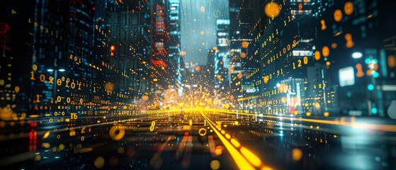 Aufkleber - Dynamic Abstract Surveillance Concept: Colorful Matrix of Data Processing in a Cityscape at Night
