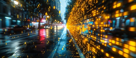 Aufkleber - Dynamic Urban Surveillance Concept: Colorful Glitch Art and Pixel Matrix in City Night Setting Reflecting CCTV Data Processing