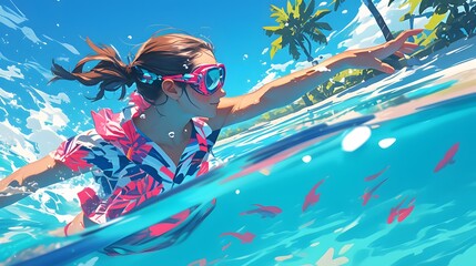 Wall Mural - swimming in the pool, woman with long wavy red hair wearing a pink and blue pastel neon suit floating underwater, which in Generate AI