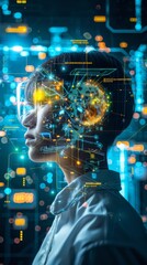 Aufkleber - Futuristic Wellness Technology Concept with Asian Woman Using Smart Glasses Against a Vibrant 3D Interface Background