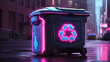 © Muzamil - A black and gray trash can with a pink and blue neon reciclaje symbol on it