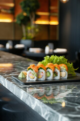 Wall Mural - there is a plate of sushi on a counter in a restaurant