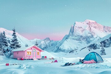 a snowy campsite with ski gear scattered around, bathed in the ethereal light of the aurora borealis