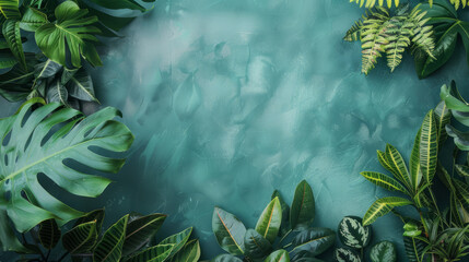 Wall Mural - Lush tropical green foliage against emerald textured background