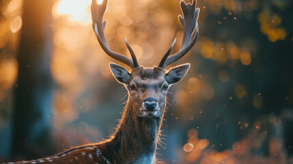 Wall Mural - Majestic deer with antlers in a serene forest at sunset