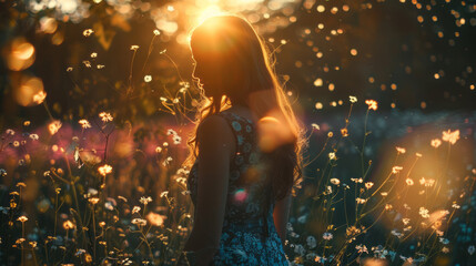 Wall Mural - Beautiful woman enjoying sunset in a wildflower meadow