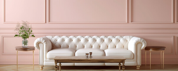 Dual frame setup, dusty pink wall, ivory leather sofa, elegant walnut table; high-definition 3D rendering.