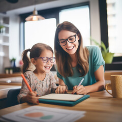 Wall Mural - woman and child sitting at a table with a notebook and pen