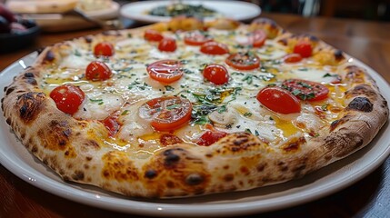 Wall Mural - An inviting close-up of a hot, freshly baked pizza adorned with gooey cheese and ripe tomatoes