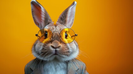 Rabbit wearing glasses and a grey jacket on a bright orange background for bold contrast