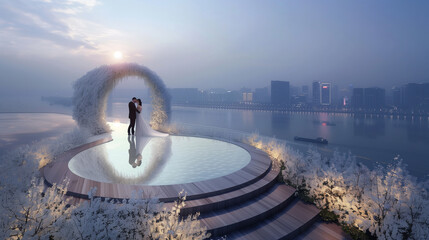 Wall Mural - there is a couple standing on a circular platform in front of a body of water