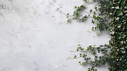 Wall Mural - White plaster wall with creeping ivy plants texture background