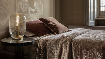 Wall Mural - there is a bed with a brown comforter and a lamp on a table