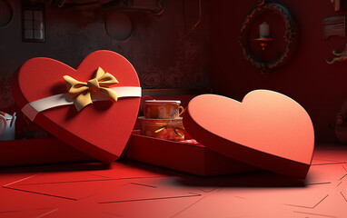 Poster - there is a red heart shaped box with a bow and a jar of honey