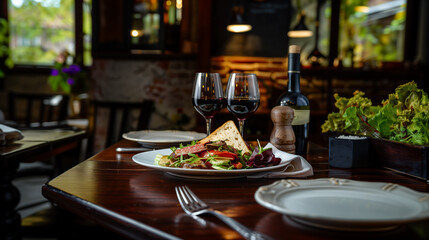 Wall Mural - there is a plate of food and two glasses of wine on the table