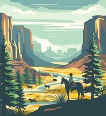 Wall Mural - there is a man riding a horse in a canyon with animals