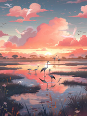 Wall Mural - there are many birds standing in the water at sunset