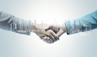 Poster - there are two men shaking hands in front of a cityscape