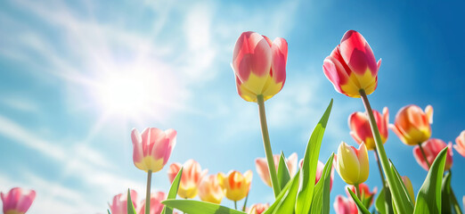 Canvas Print - there are many pink and yellow tulips in a field