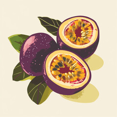 Poster - there are two halves of a passion fruit with leaves on the top