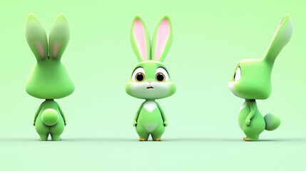 Wall Mural - three green cartoon rabbits standing next to each other on a green background