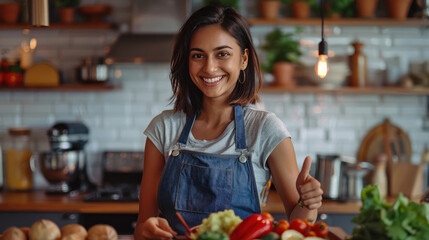 Wall Mural - young indian woman preparing vegetarian food at kitchen